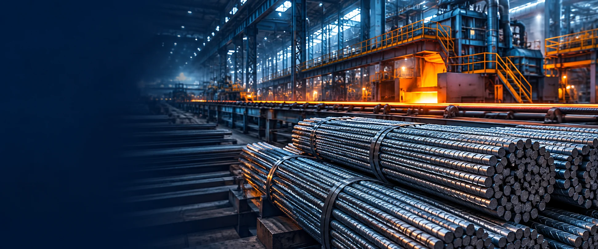 Illustration of bundled TMT reinforcement bars in a rolling mill