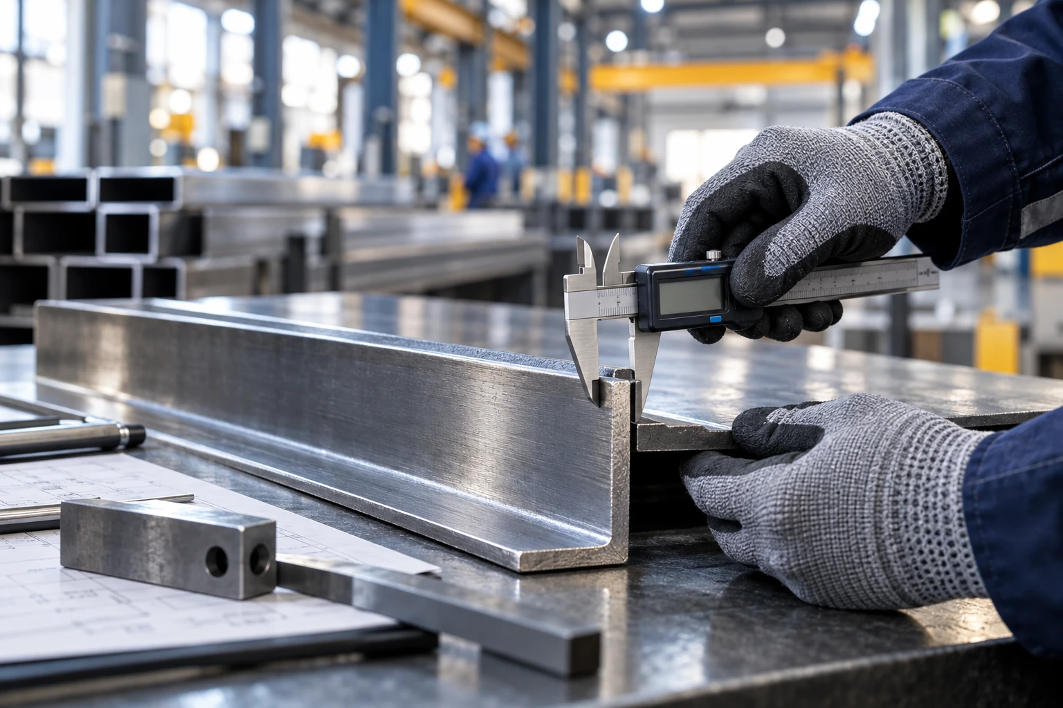 Illustrative close-up of gloved hands measuring a steel section with a precision caliper